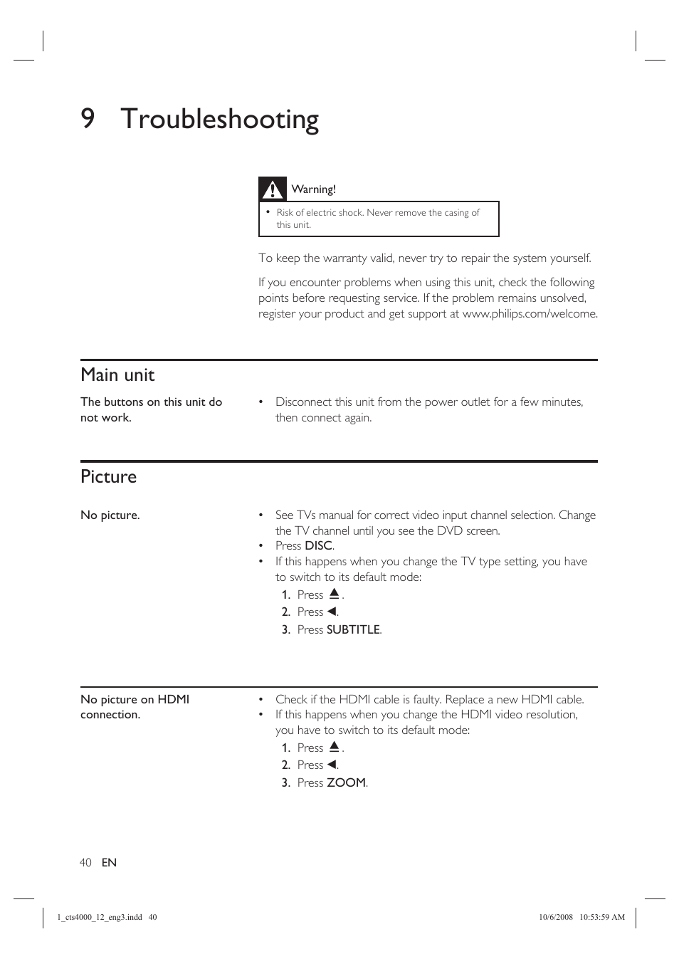 9 troubleshooting, Main unit, Picture | Philips CTS4000/05 User Manual | Page 40 / 42
