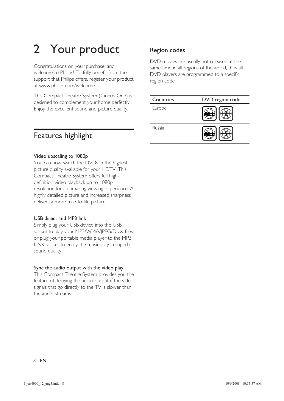 2 your product, Features highlight | Philips CTS4000/05 User Manual | Page 8 / 42