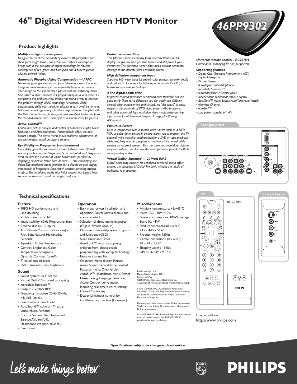 46" digital widescreen hdtv monitor, Product highlights technical specifications | Philips 46PP9302 User Manual | Page 2 / 2