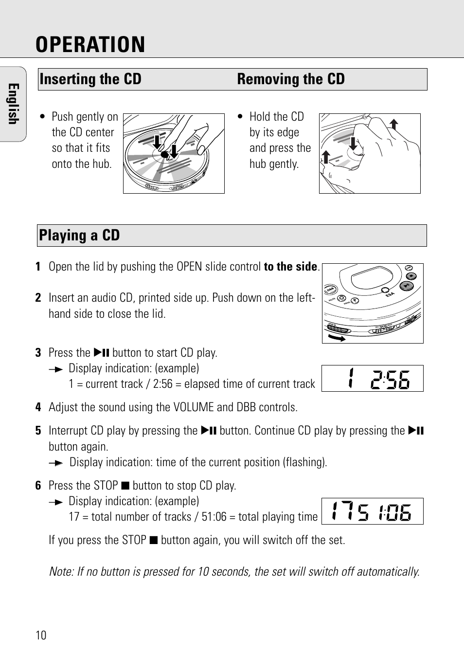 Operation, Playing a cd, Inserting the cd removing the cd | English | Philips AZ 7582 User Manual | Page 10 / 160