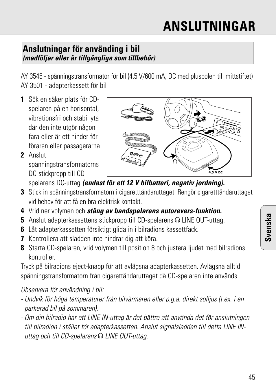 Anslutningar, Anslutningar för använding i bil, Svenska | Philips AZ 7582 User Manual | Page 103 / 160