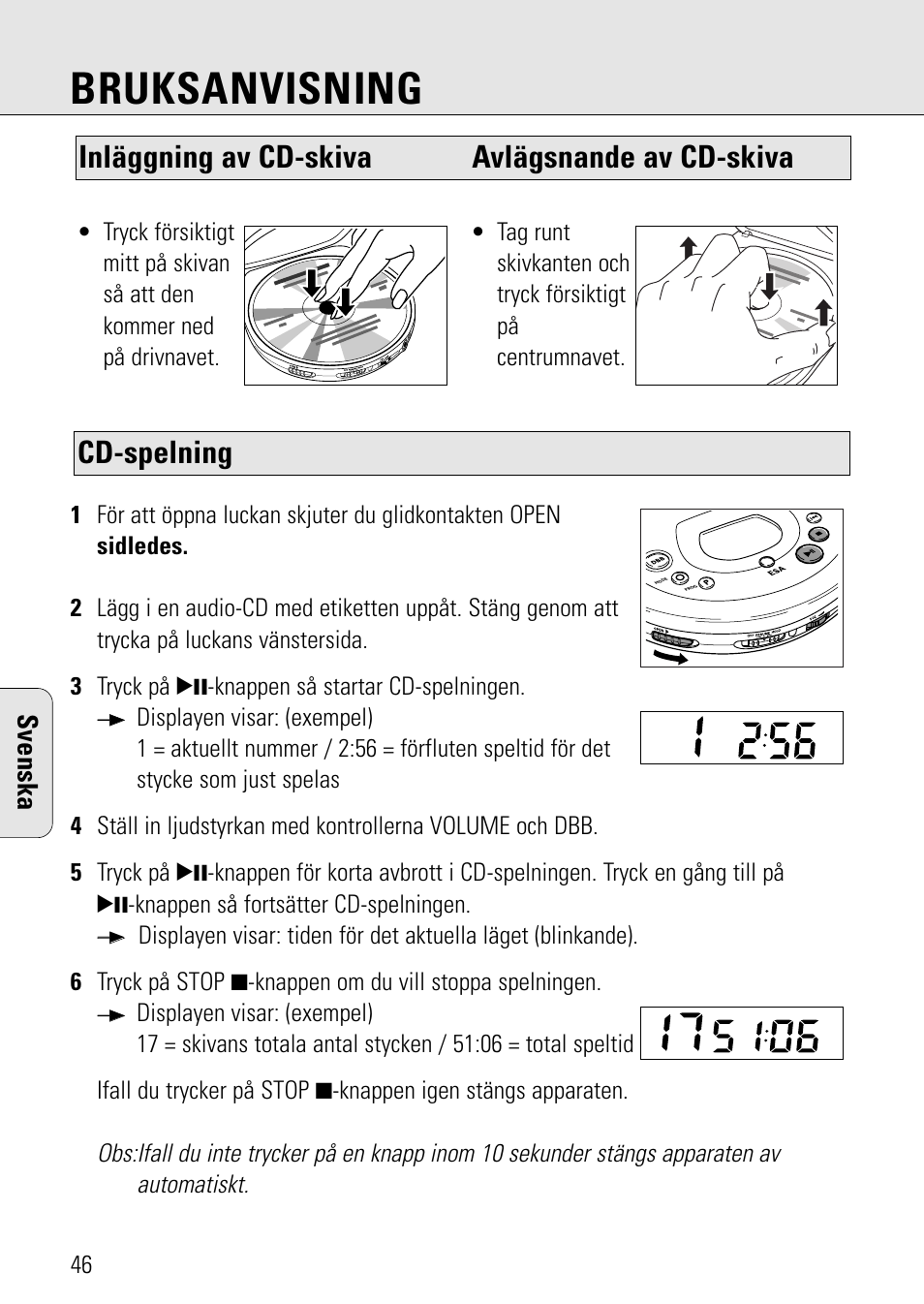 Bruksanvisning, Cd-spelning, Inläggning av cd-skiva avlägsnande av cd-skiva | Svenska | Philips AZ 7582 User Manual | Page 104 / 160