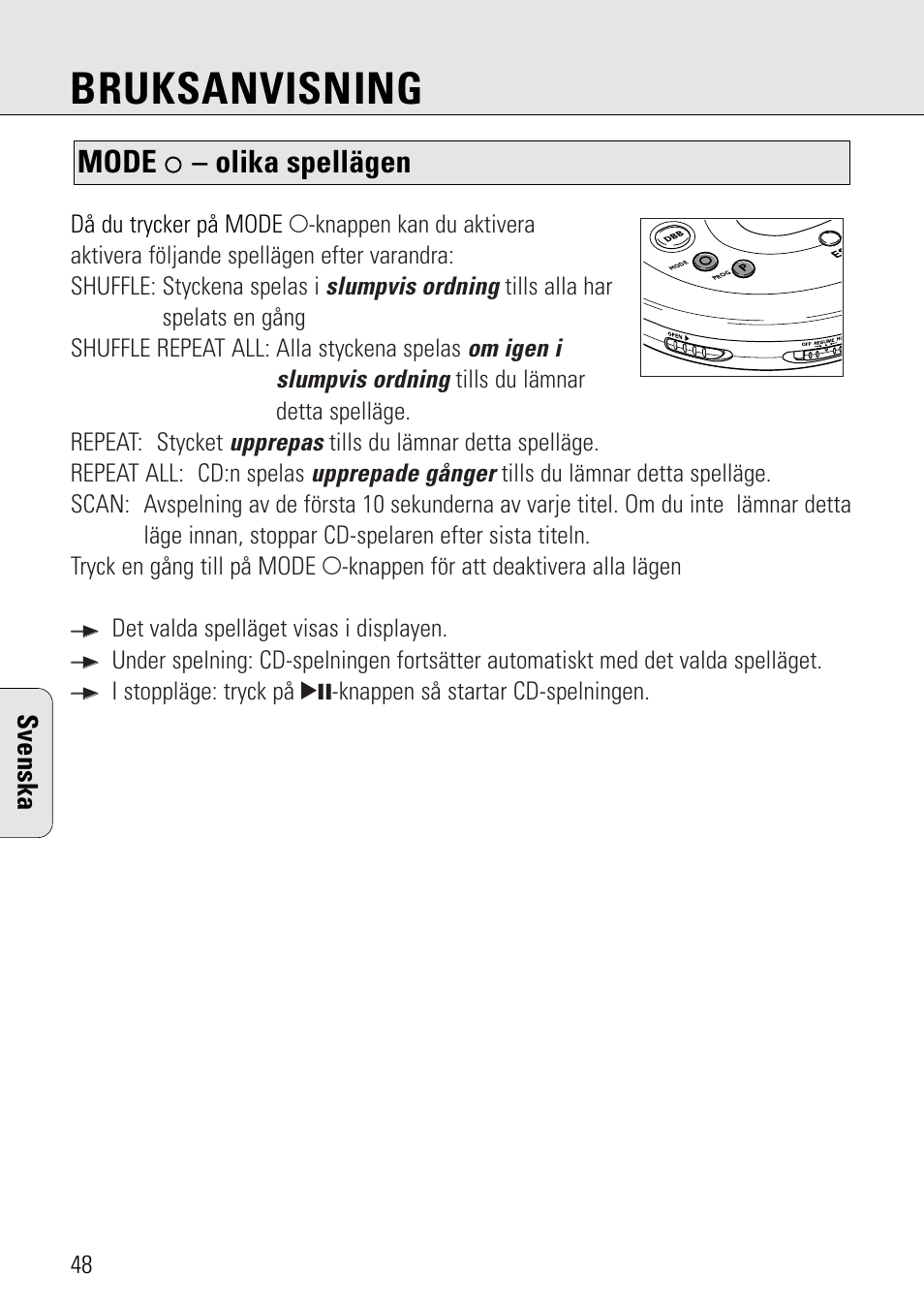 Bruksanvisning, Mode, Olika spellägen | Svenska | Philips AZ 7582 User Manual | Page 106 / 160