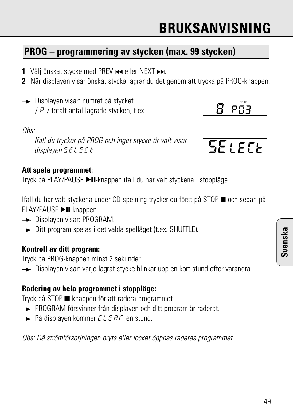 Bruksanvisning, Prog – programmering av stycken (max. 99 stycken), Svenska | Philips AZ 7582 User Manual | Page 107 / 160