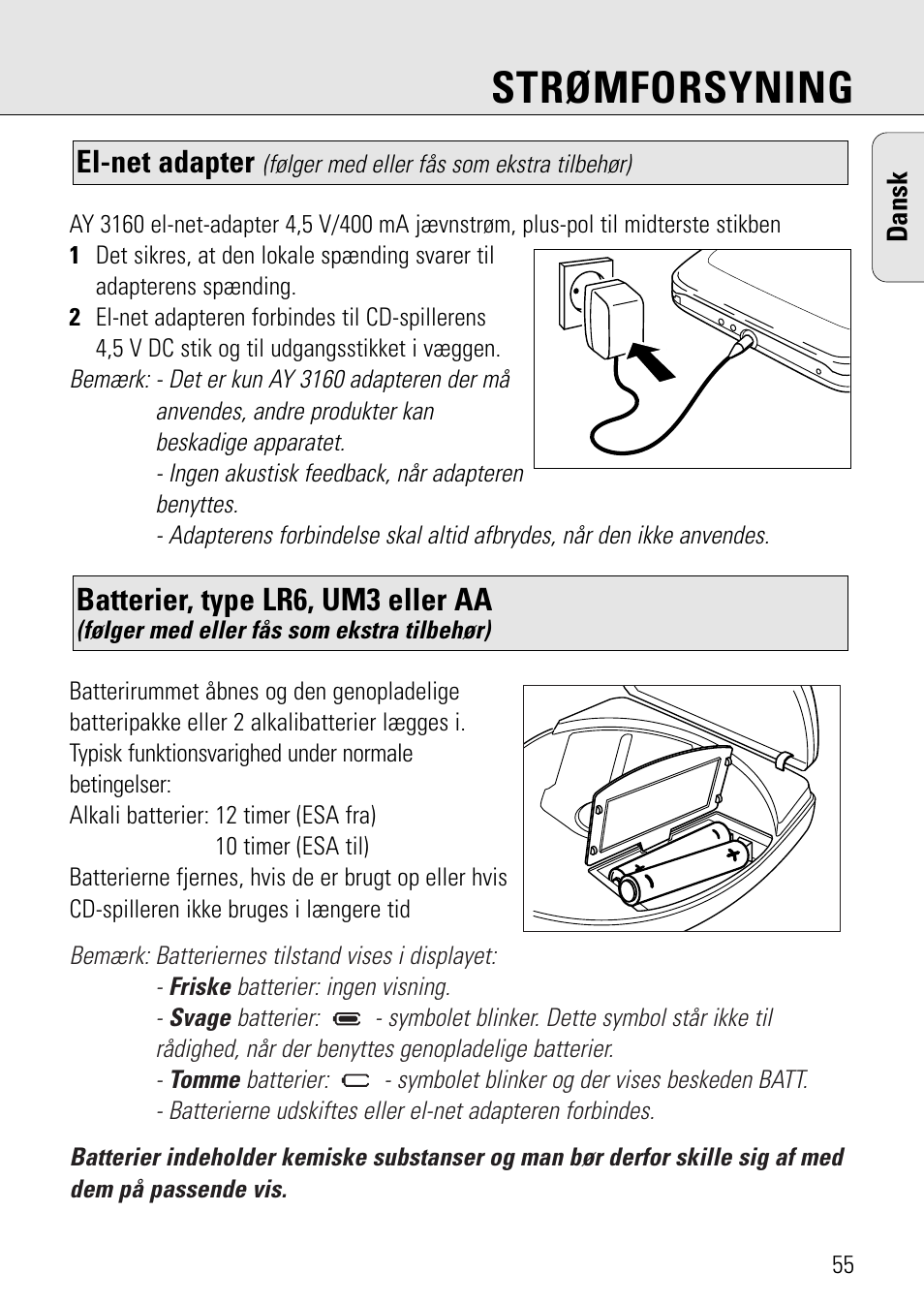 Strømforsyning, Batterier, type lr6, um3 eller aa, El-net adapter | Philips AZ 7582 User Manual | Page 113 / 160