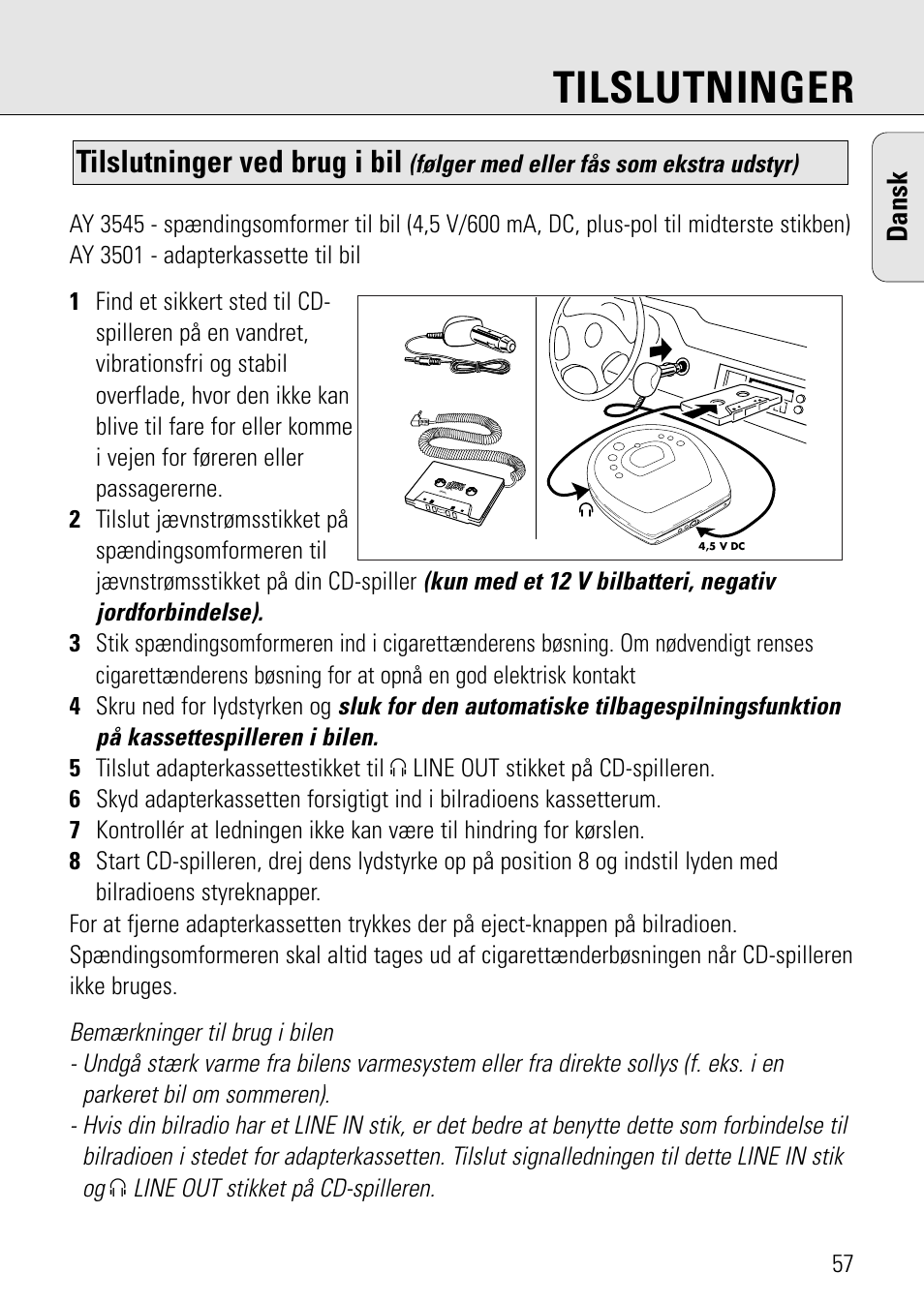 Tilslutninger, Tilslutninger ved brug i bil, Dansk | Philips AZ 7582 User Manual | Page 115 / 160