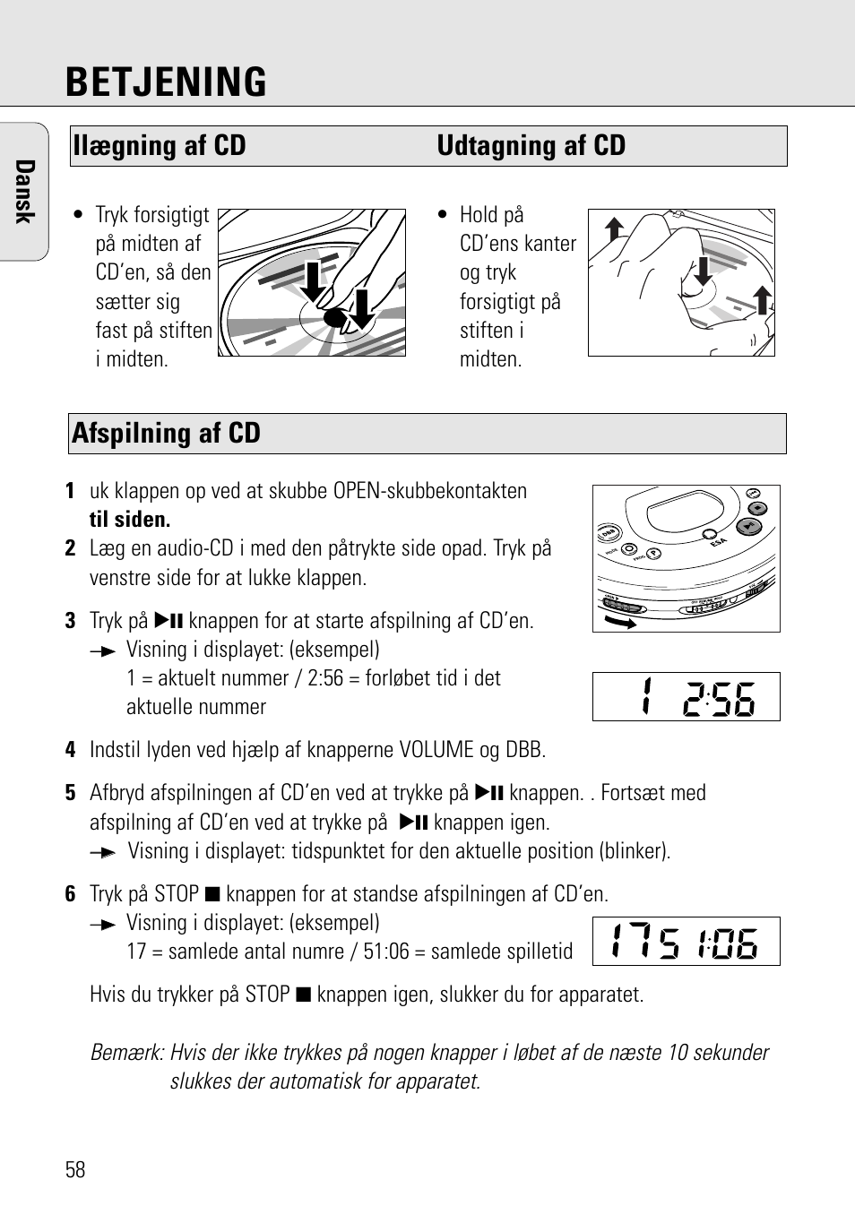 Betjening, Afspilning af cd, Ilægning af cd udtagning af cd | Dansk | Philips AZ 7582 User Manual | Page 116 / 160