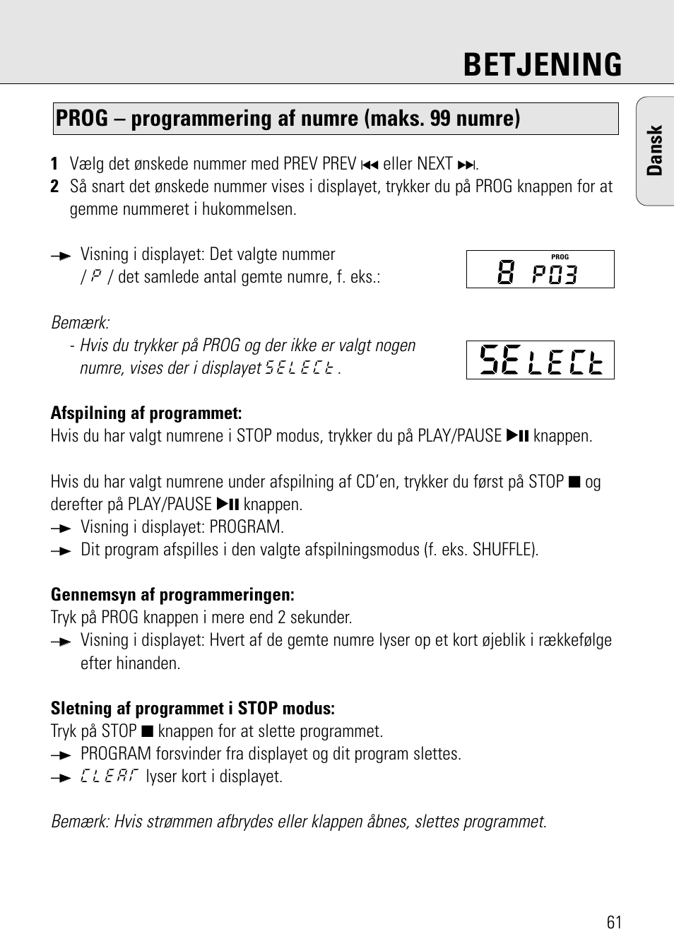 Betjening, Prog – programmering af numre (maks. 99 numre), Dansk | Philips AZ 7582 User Manual | Page 119 / 160