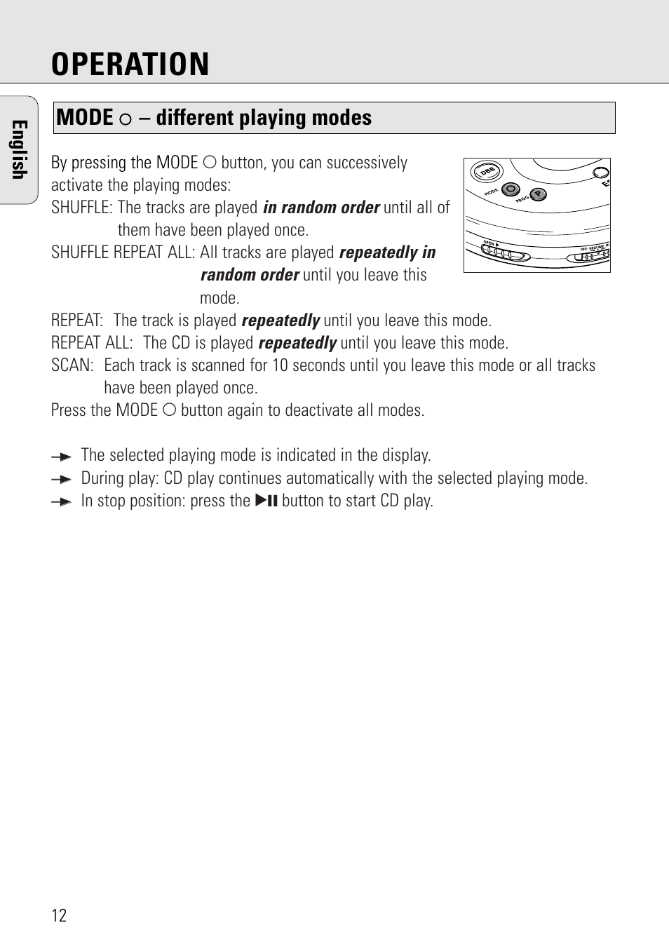 Operation, Mode, Different playing modes | English | Philips AZ 7582 User Manual | Page 12 / 160