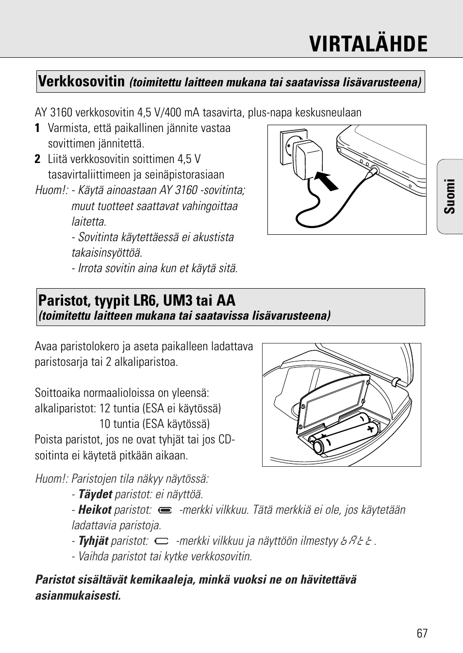 Virtalähde, Paristot, tyypit lr6, um3 tai aa, Verkkosovitin | Philips AZ 7582 User Manual | Page 125 / 160