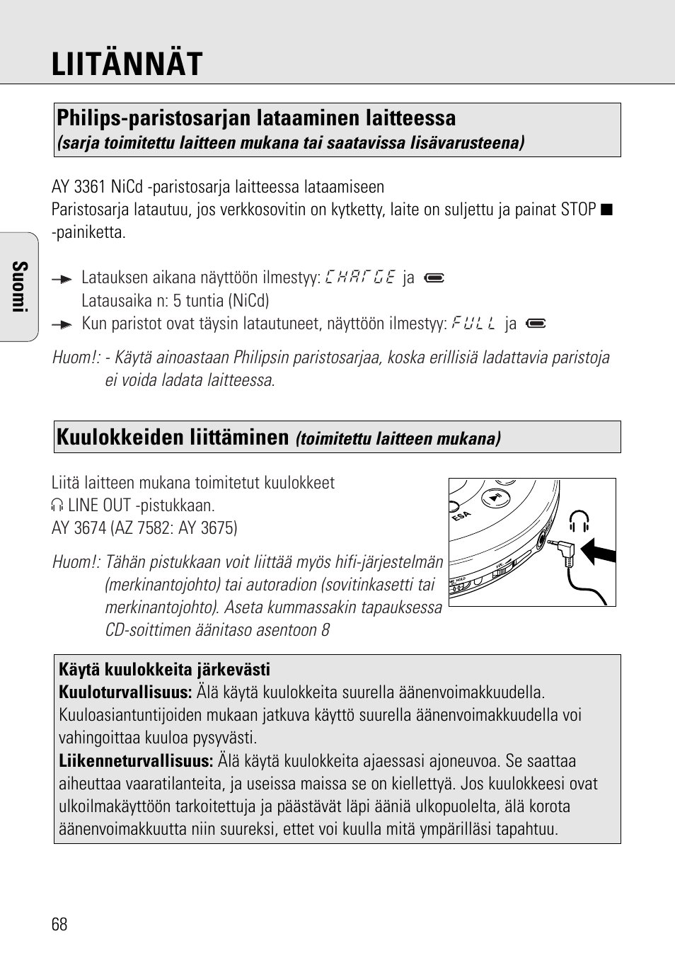 Liitännät, Kuulokkeiden liittäminen, Philips-paristosarjan lataaminen laitteessa | Philips AZ 7582 User Manual | Page 126 / 160