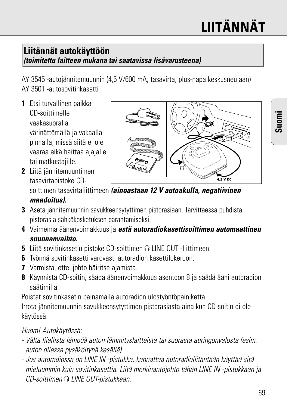 Liitännät, Liitännät autokäyttöön, Suomi | Philips AZ 7582 User Manual | Page 127 / 160