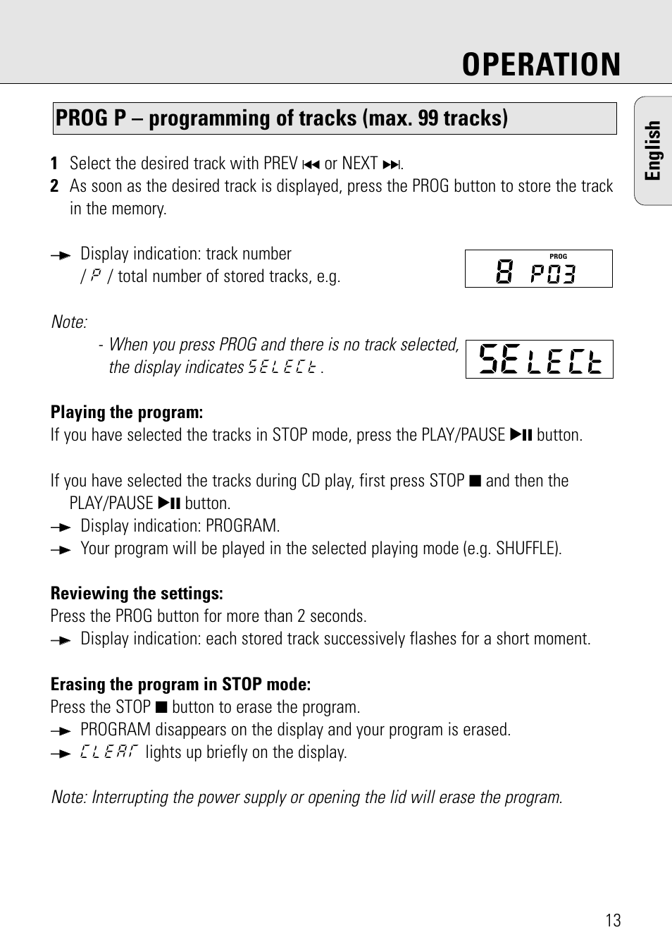 Operation, Prog p – programming of tracks (max. 99 tracks), English | Philips AZ 7582 User Manual | Page 13 / 160