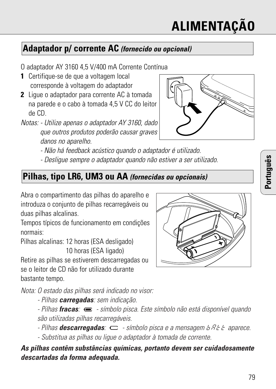 Alimentação, Pilhas, tipo lr6, um3 ou aa, Adaptador p/ corrente ac | Philips AZ 7582 User Manual | Page 137 / 160