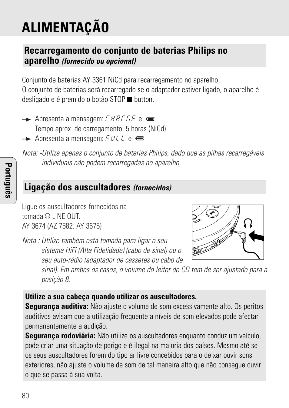 Alimentação, Ligação dos auscultadores | Philips AZ 7582 User Manual | Page 138 / 160