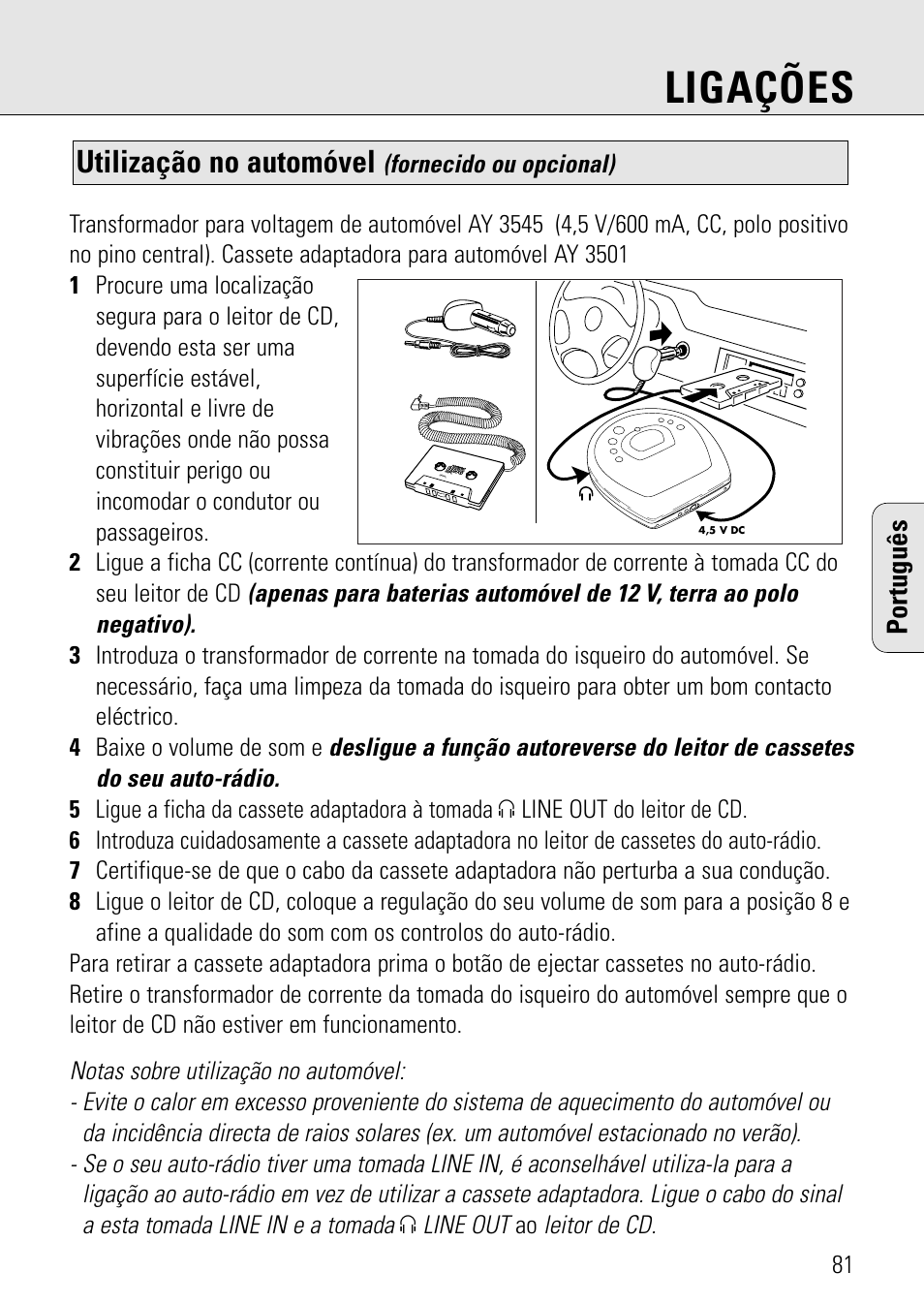 Ligações, Utilização no automóvel, Português | Philips AZ 7582 User Manual | Page 139 / 160