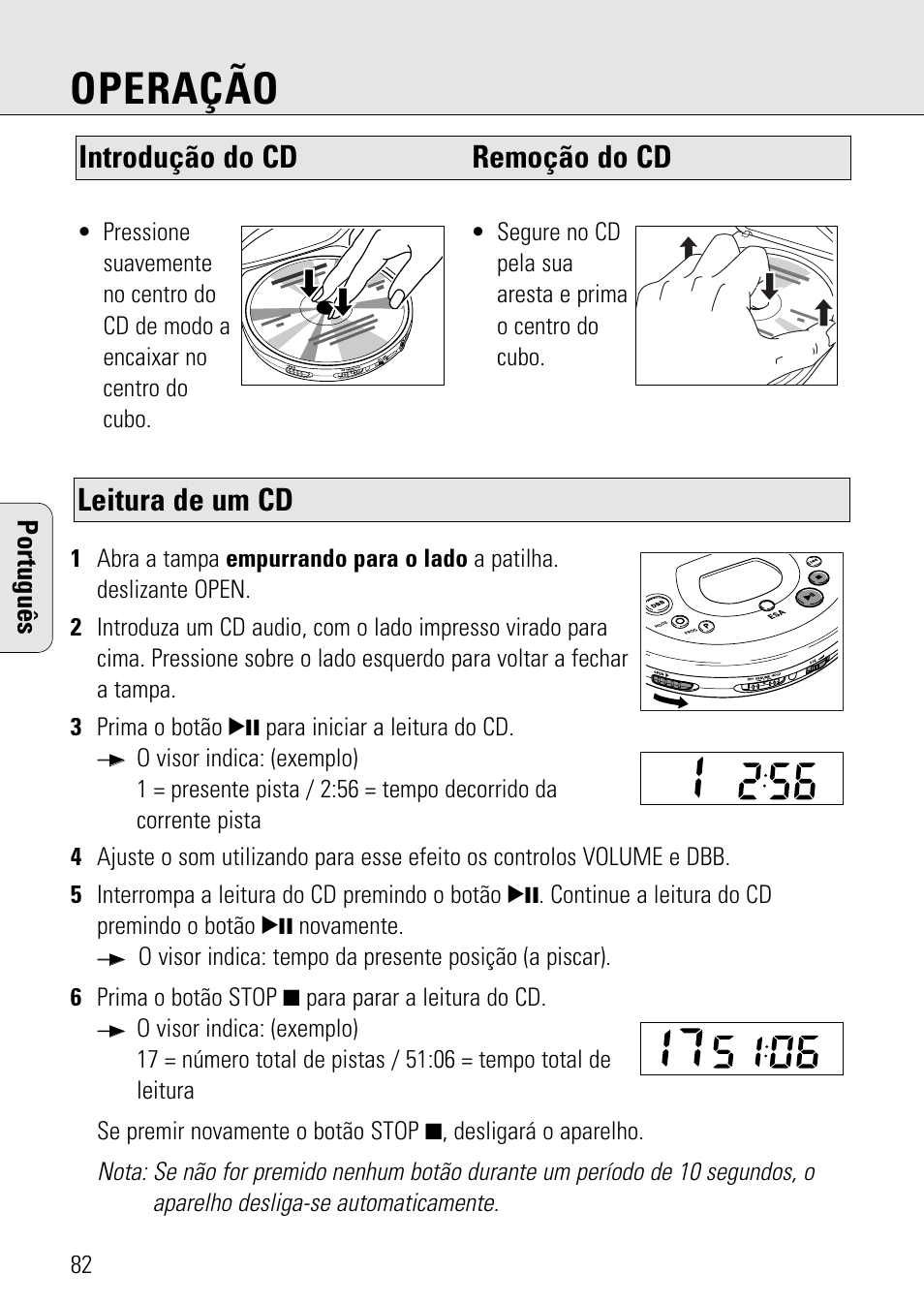 Operação, Leitura de um cd, Introdução do cd remoção do cd | Português | Philips AZ 7582 User Manual | Page 140 / 160