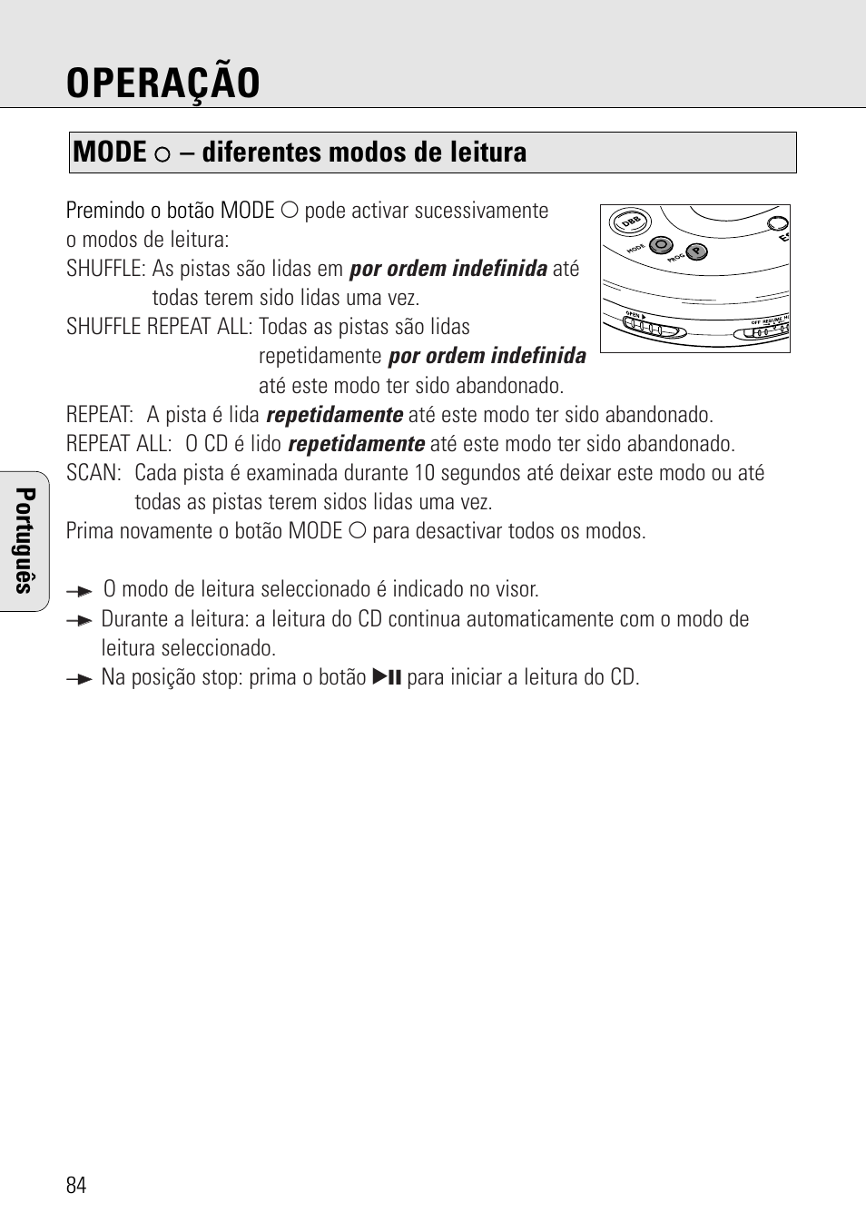 Operação, Mode, Diferentes modos de leitura | Português | Philips AZ 7582 User Manual | Page 142 / 160