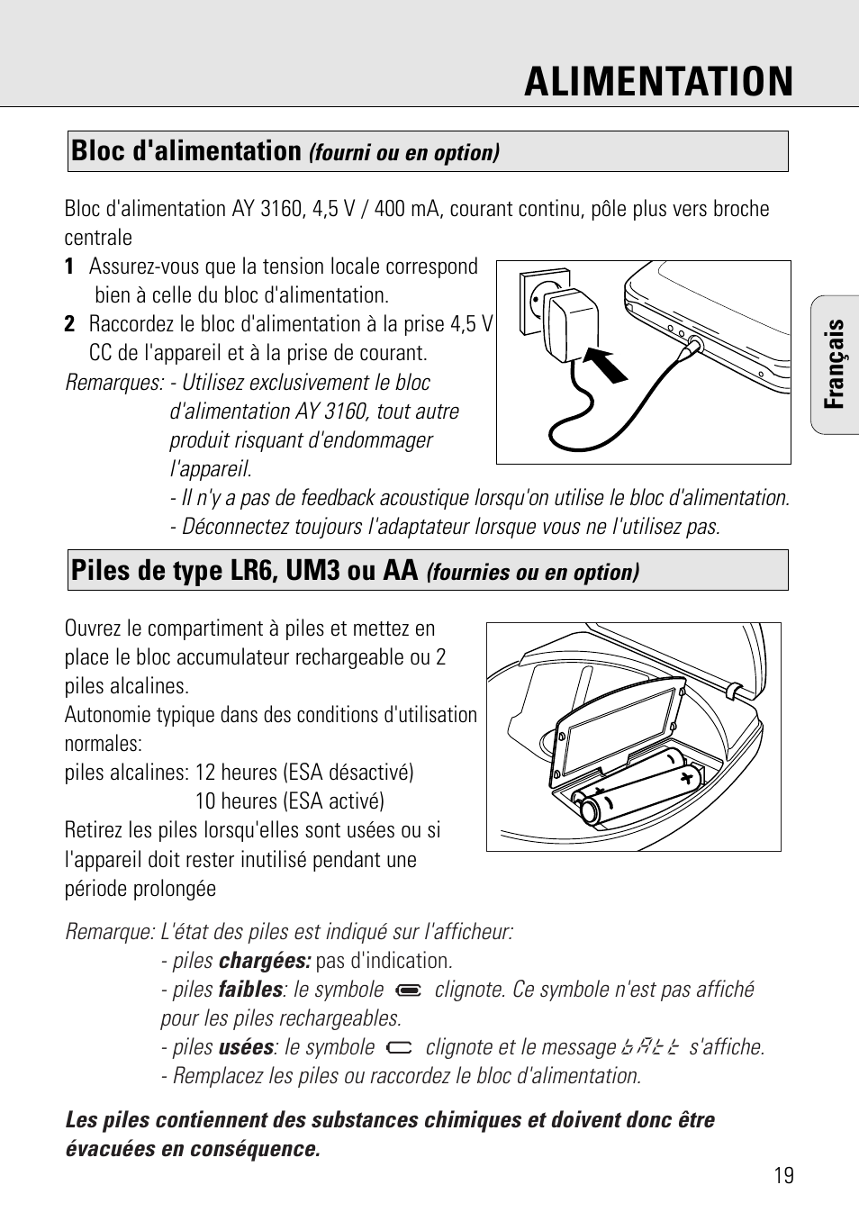 Alimentation, Piles de type lr6, um3 ou aa, Bloc d'alimentation | Philips AZ 7582 User Manual | Page 19 / 160