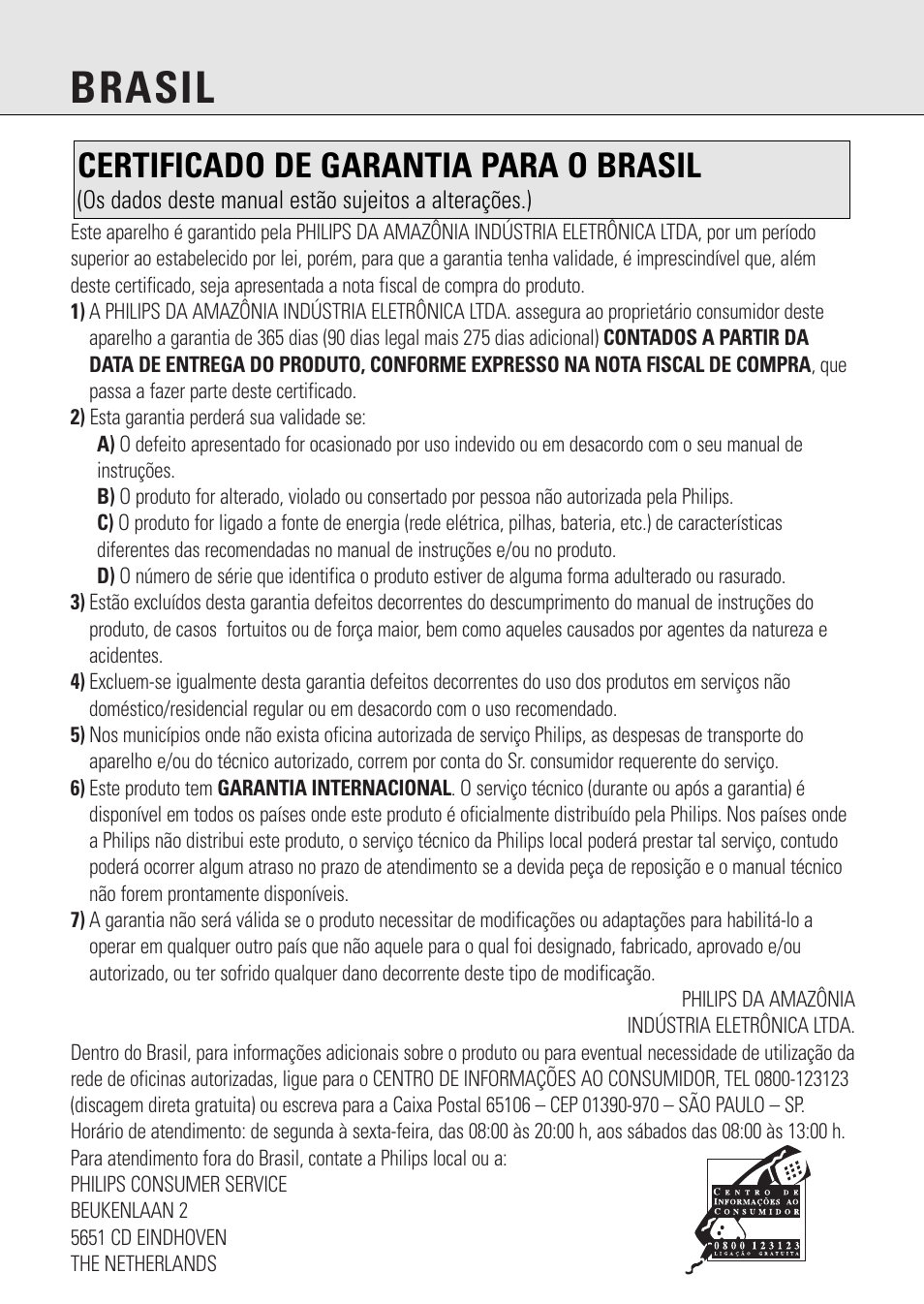 Brasil, Certificado de garantia para o brasil | Philips AZ 7582 User Manual | Page 2 / 160