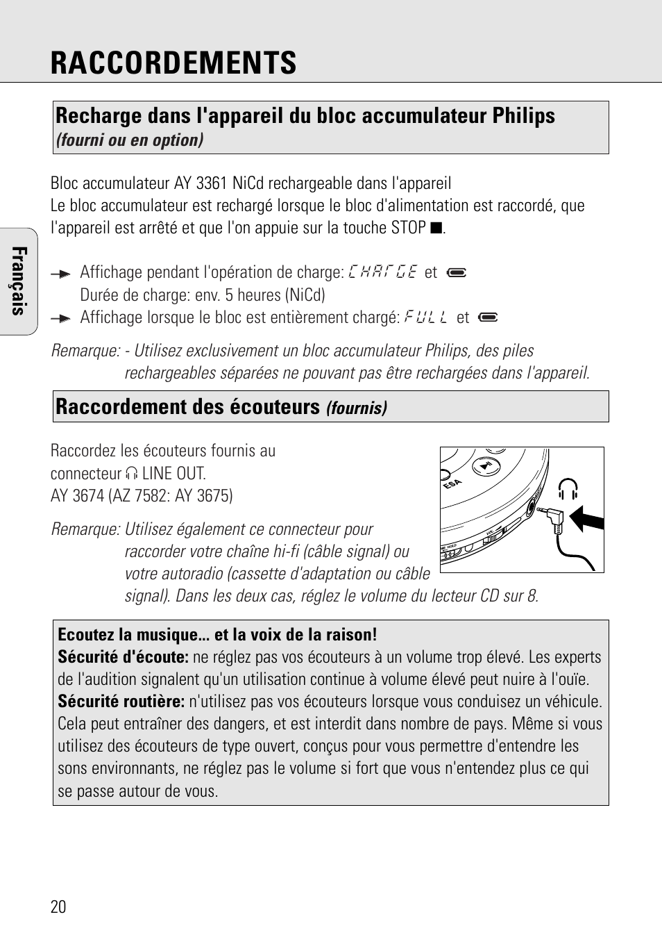 Raccordements, Raccordement des écouteurs | Philips AZ 7582 User Manual | Page 20 / 160