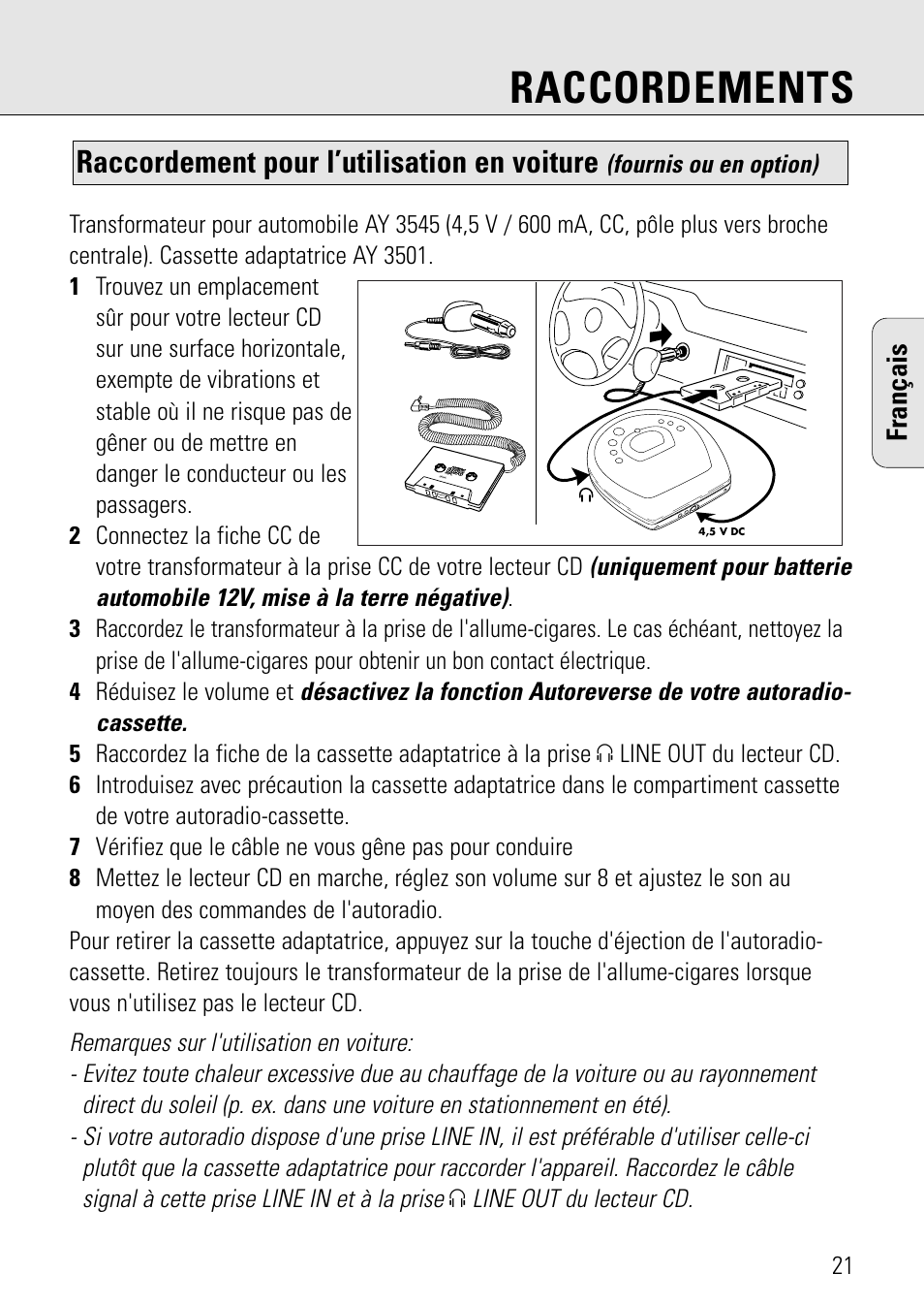 Raccordements, Raccordement pour l’utilisation en voiture, Français | Philips AZ 7582 User Manual | Page 21 / 160