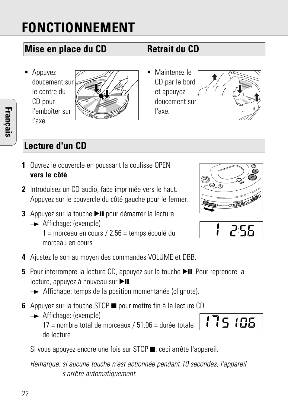 Fonctionnement, Lecture d'un cd, Mise en place du cd retrait du cd | Français | Philips AZ 7582 User Manual | Page 22 / 160