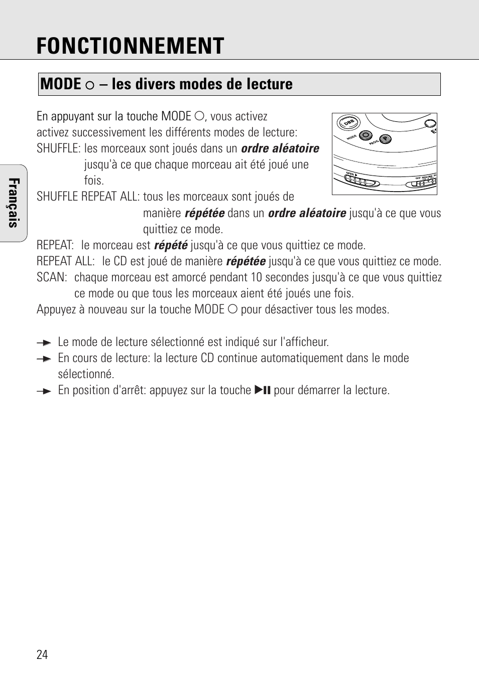 Fonctionnement, Mode, Les divers modes de lecture | Français | Philips AZ 7582 User Manual | Page 24 / 160