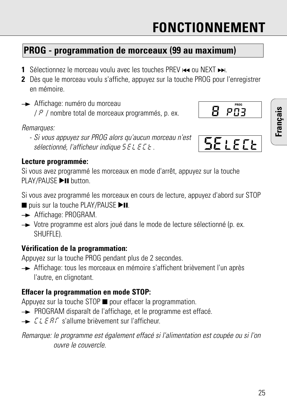 Fonctionnement, Prog - programmation de morceaux (99 au maximum), Français | Philips AZ 7582 User Manual | Page 25 / 160