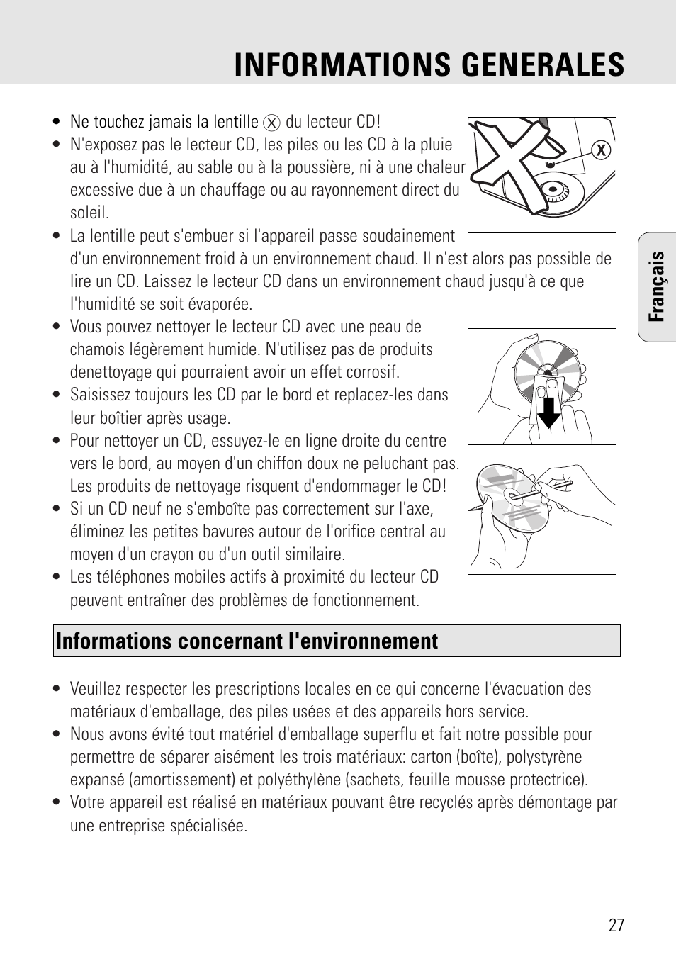 Informations generales, Informations concernant l'environnement | Philips AZ 7582 User Manual | Page 27 / 160