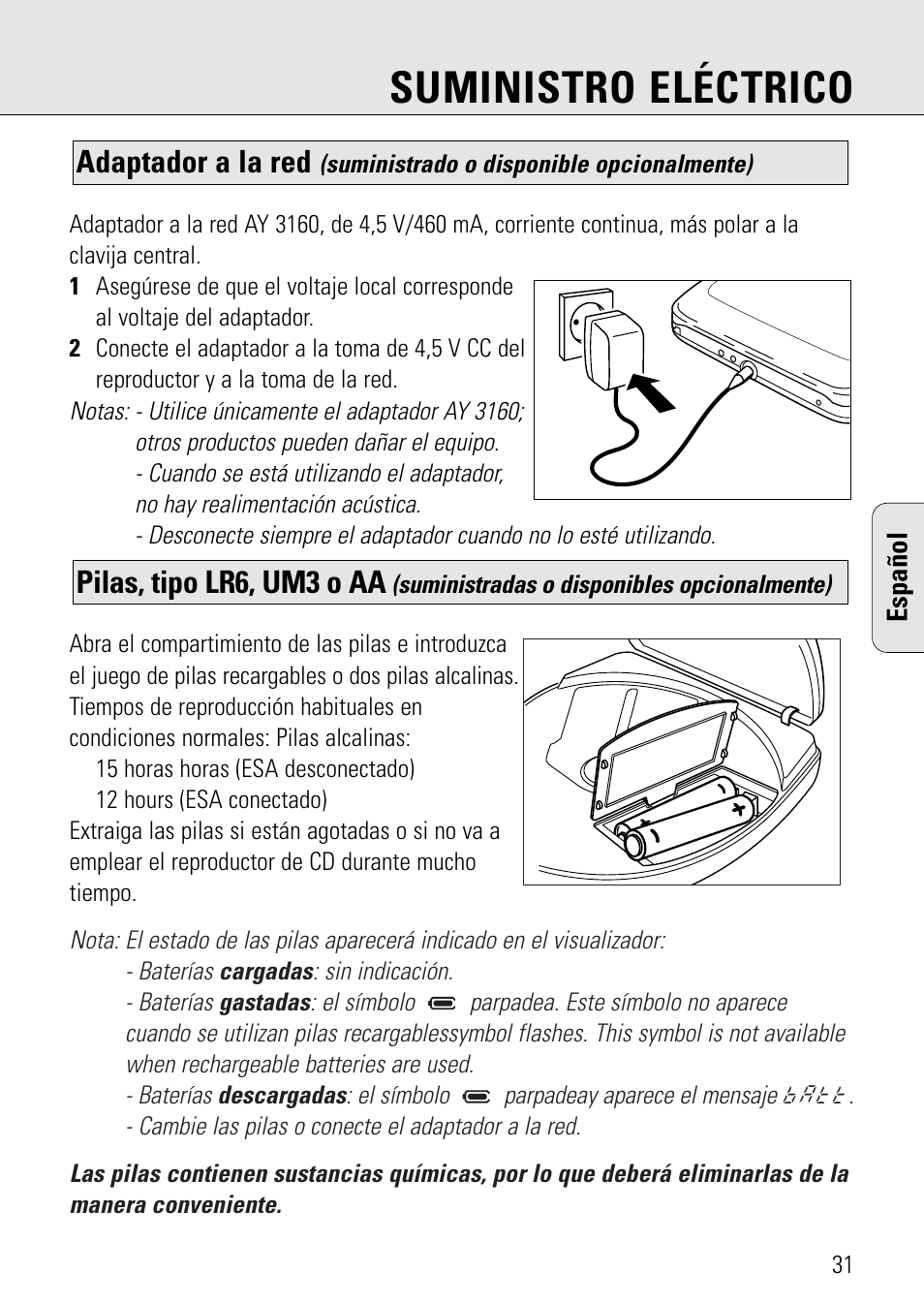 Suministro eléctrico, Pilas, tipo lr6, um3 o aa, Adaptador a la red | Philips AZ 7582 User Manual | Page 31 / 160