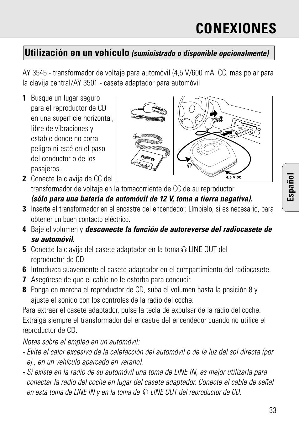 Conexiones, Utilización en un vehículo, Español | Philips AZ 7582 User Manual | Page 33 / 160