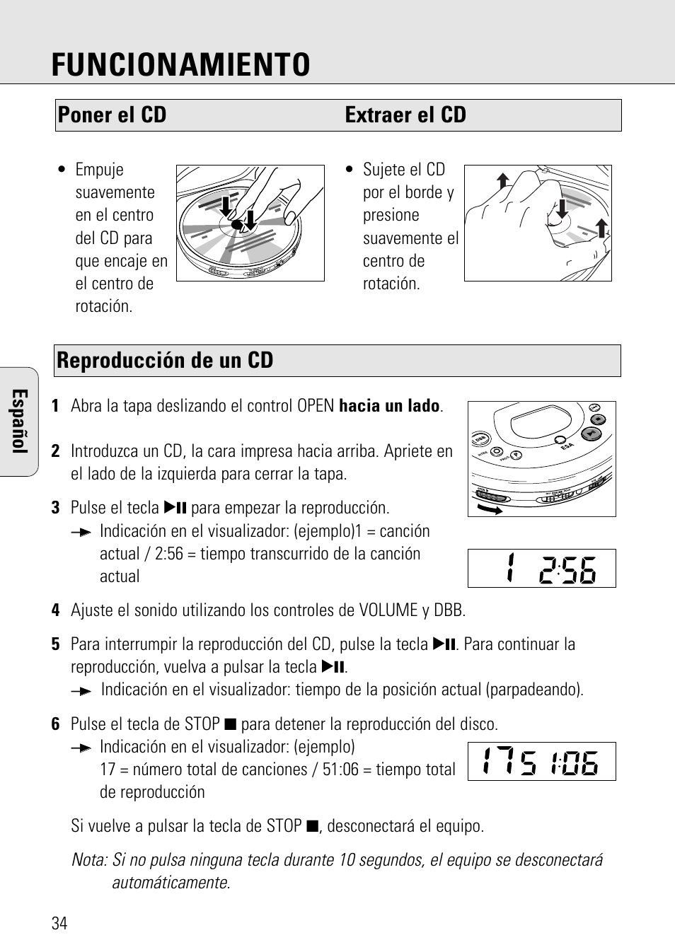 Funcionamiento, Reproducción de un cd, Poner el cd extraer el cd | Español | Philips AZ 7582 User Manual | Page 34 / 160