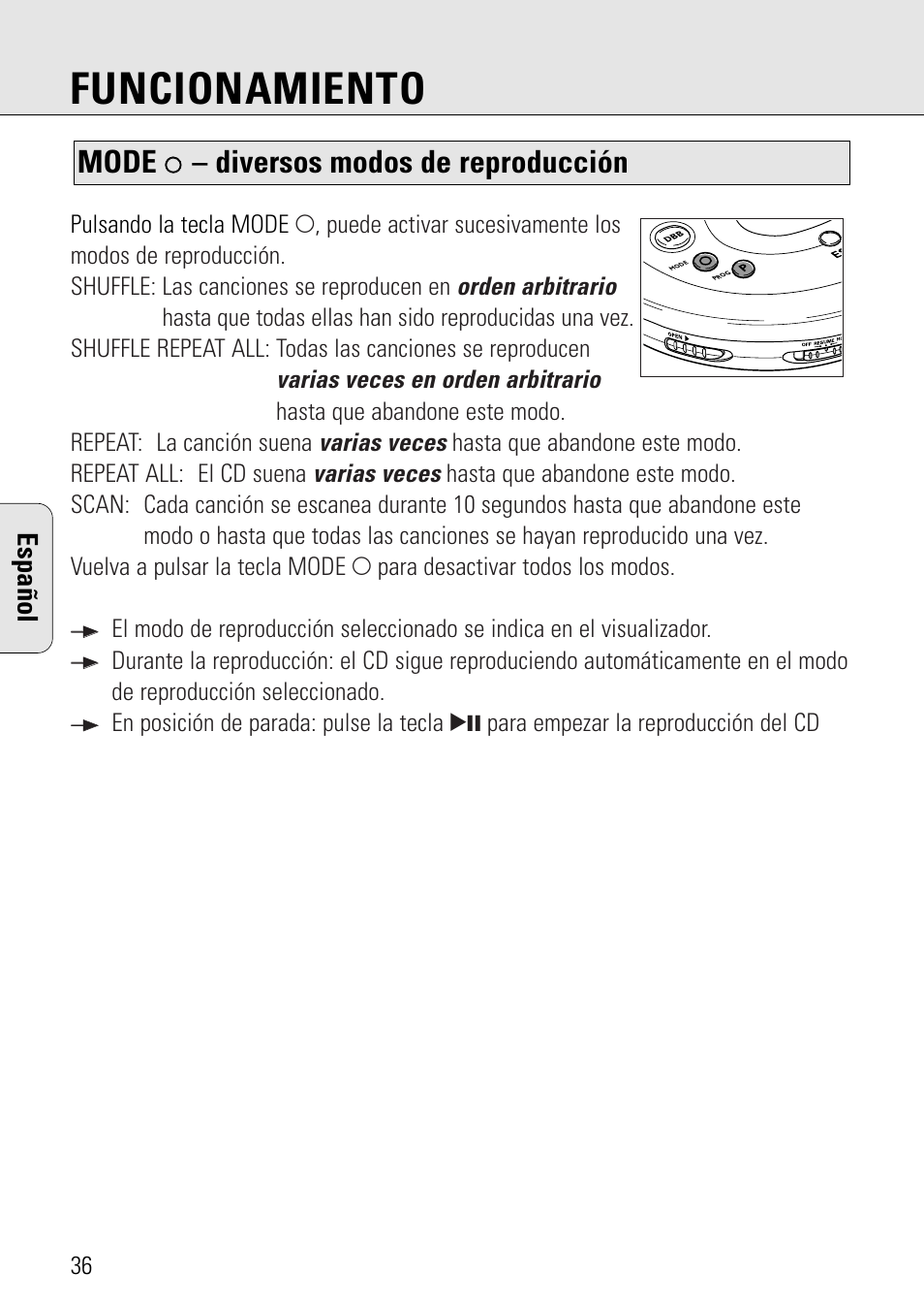 Funcionamiento, Mode, Diversos modos de reproducción | Español | Philips AZ 7582 User Manual | Page 36 / 160