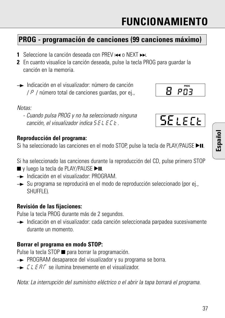 Funcionamiento, Español | Philips AZ 7582 User Manual | Page 37 / 160