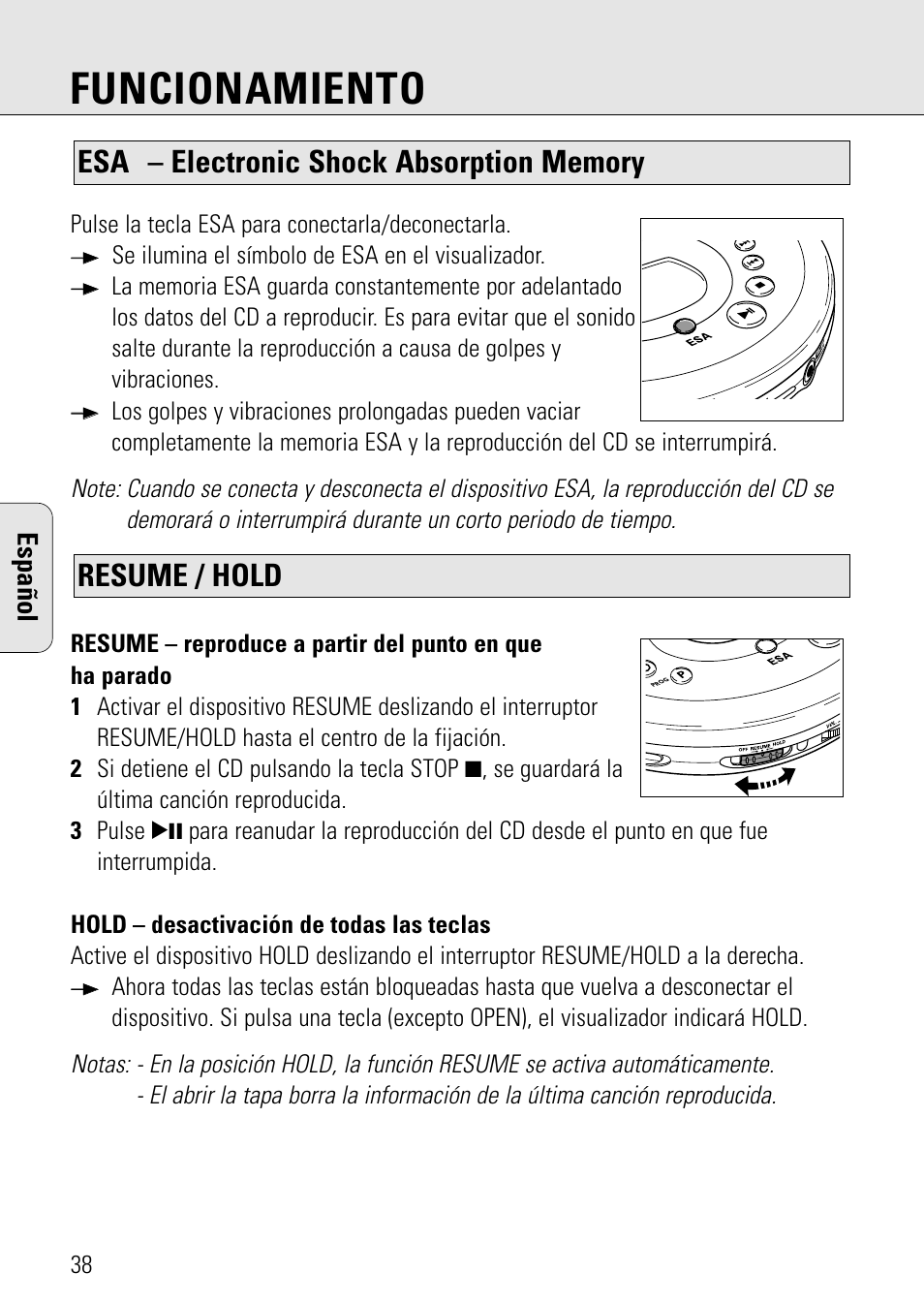 Funcionamiento, Español | Philips AZ 7582 User Manual | Page 38 / 160