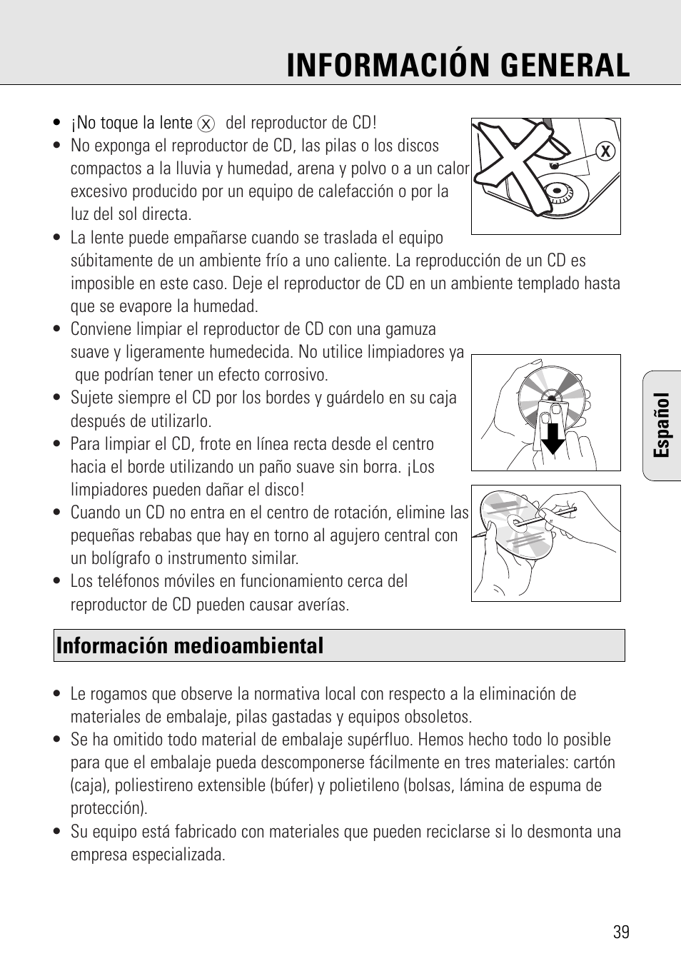 Información general, Información medioambiental | Philips AZ 7582 User Manual | Page 39 / 160