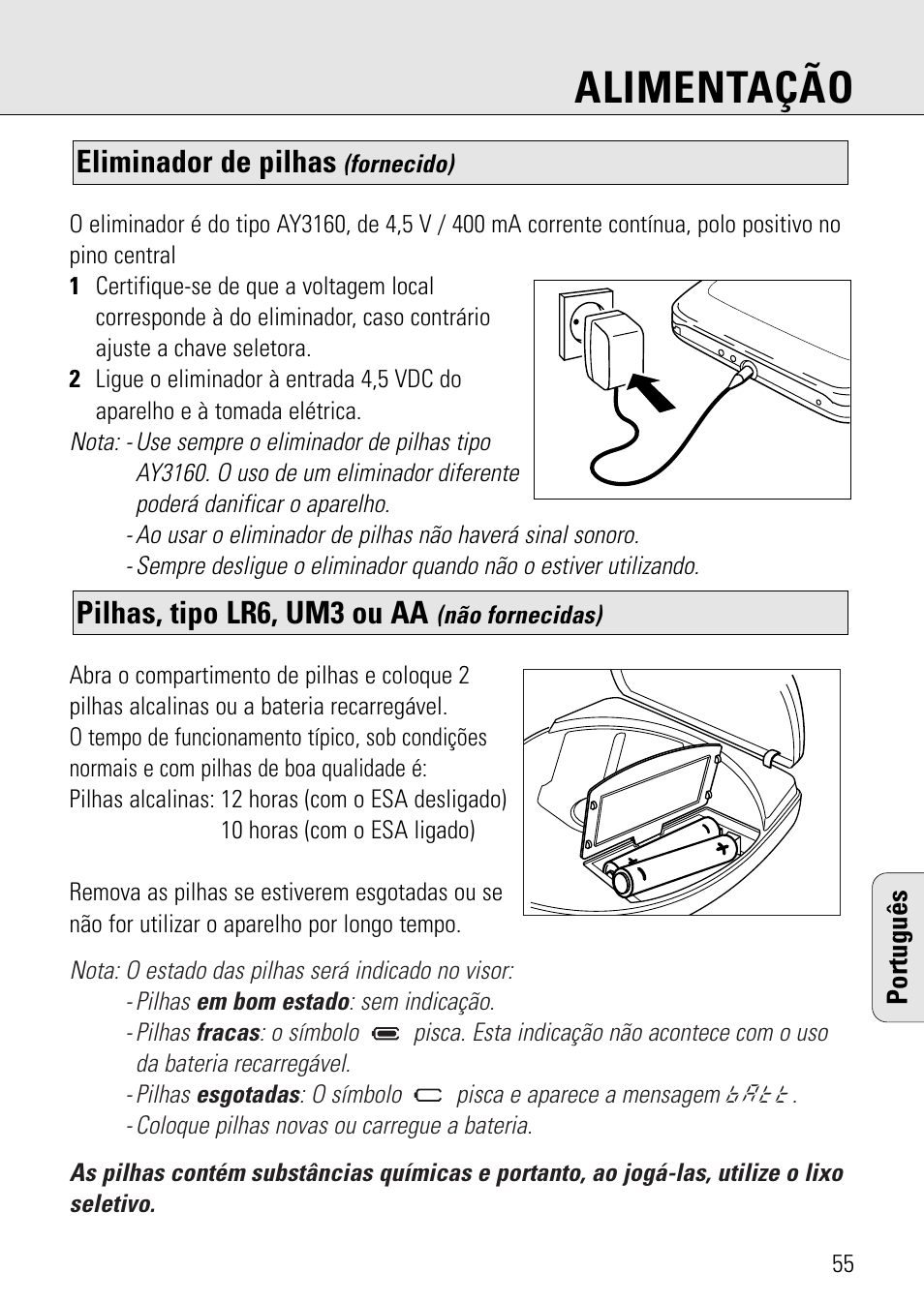 Alimentação, Pilhas, tipo lr6, um3 ou aa, Eliminador de pilhas | Philips AZ 7582 User Manual | Page 43 / 160