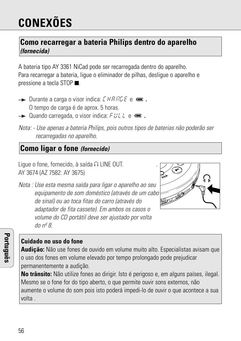 Conexões, Como ligar o fone | Philips AZ 7582 User Manual | Page 44 / 160