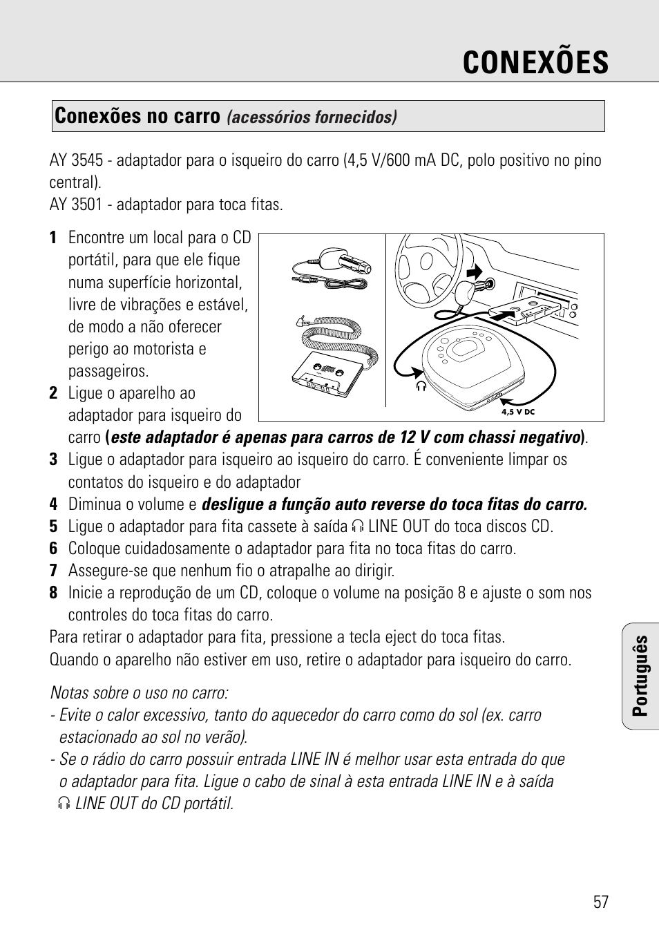 Conexões, Conexões no carro, Português | Philips AZ 7582 User Manual | Page 45 / 160