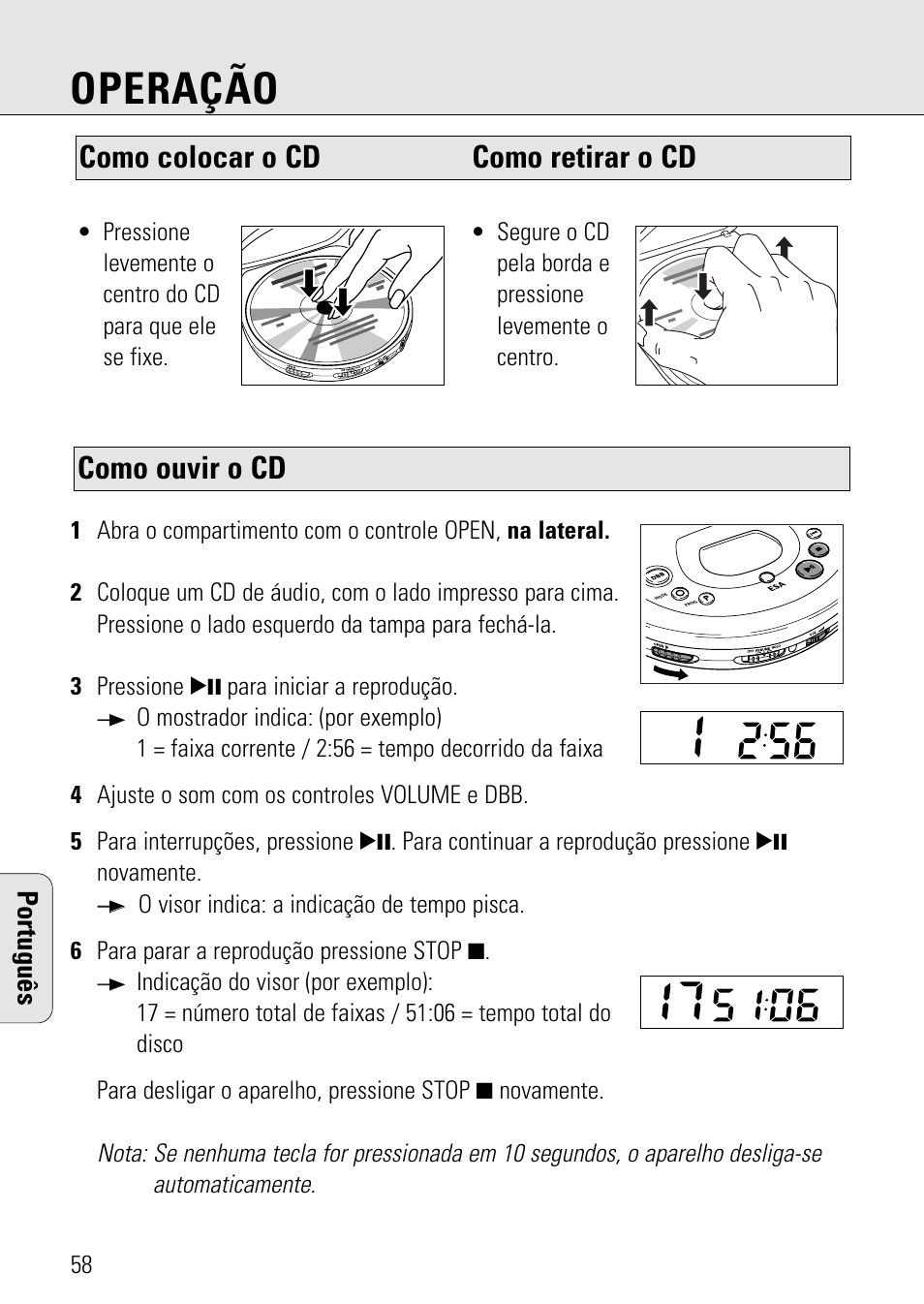 Operação, Como ouvir o cd, Como colocar o cd como retirar o cd | Português | Philips AZ 7582 User Manual | Page 46 / 160