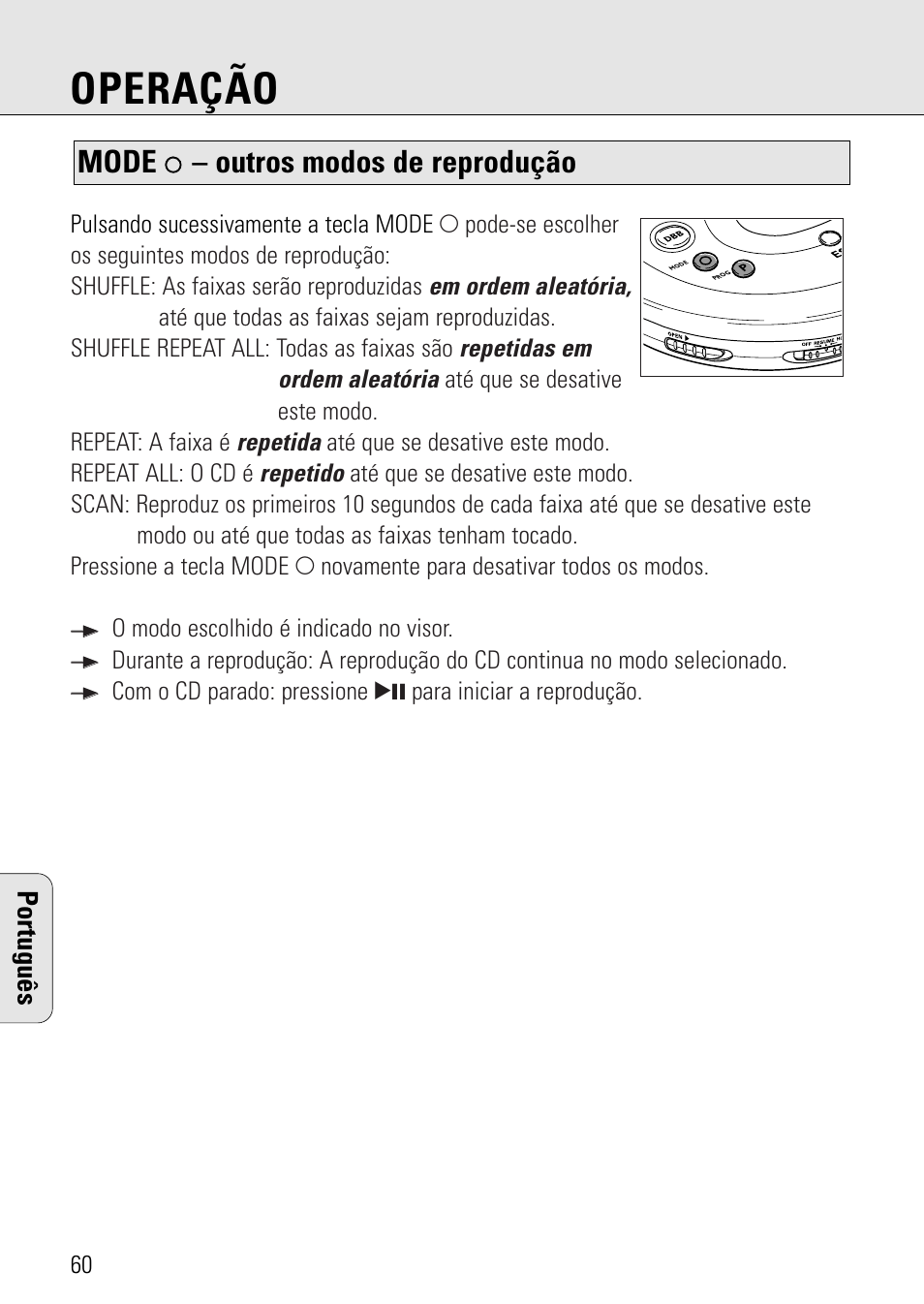 Operação, Mode, Outros modos de reprodução | Português | Philips AZ 7582 User Manual | Page 48 / 160