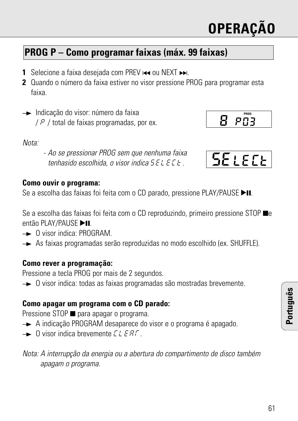 Operação, Prog p – como programar faixas (máx. 99 faixas), Português | Philips AZ 7582 User Manual | Page 49 / 160