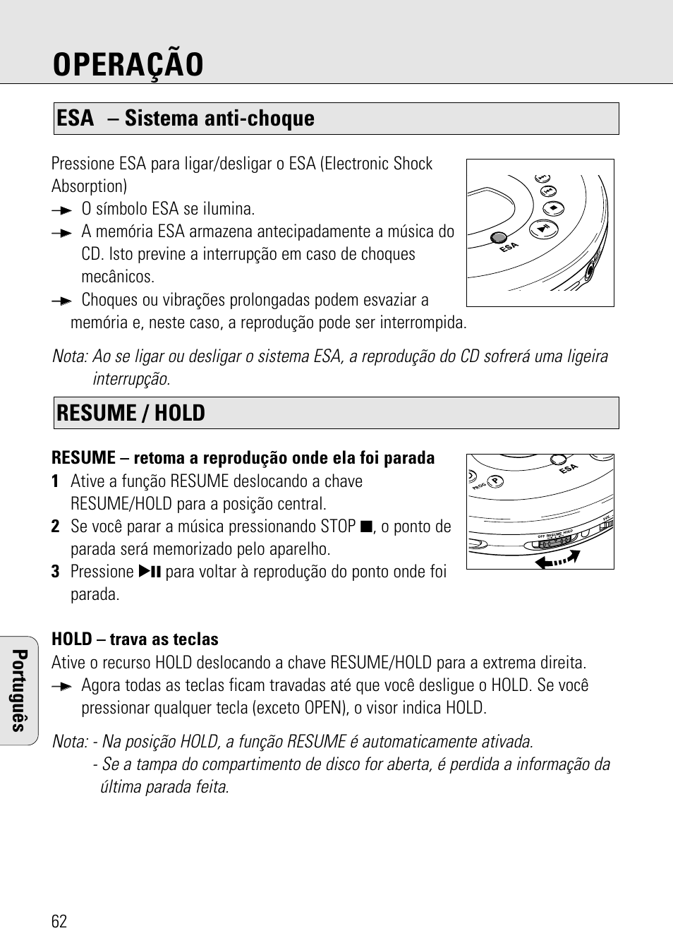 Operação, Resume / hold esa – sistema anti-choque, Português | Philips AZ 7582 User Manual | Page 50 / 160