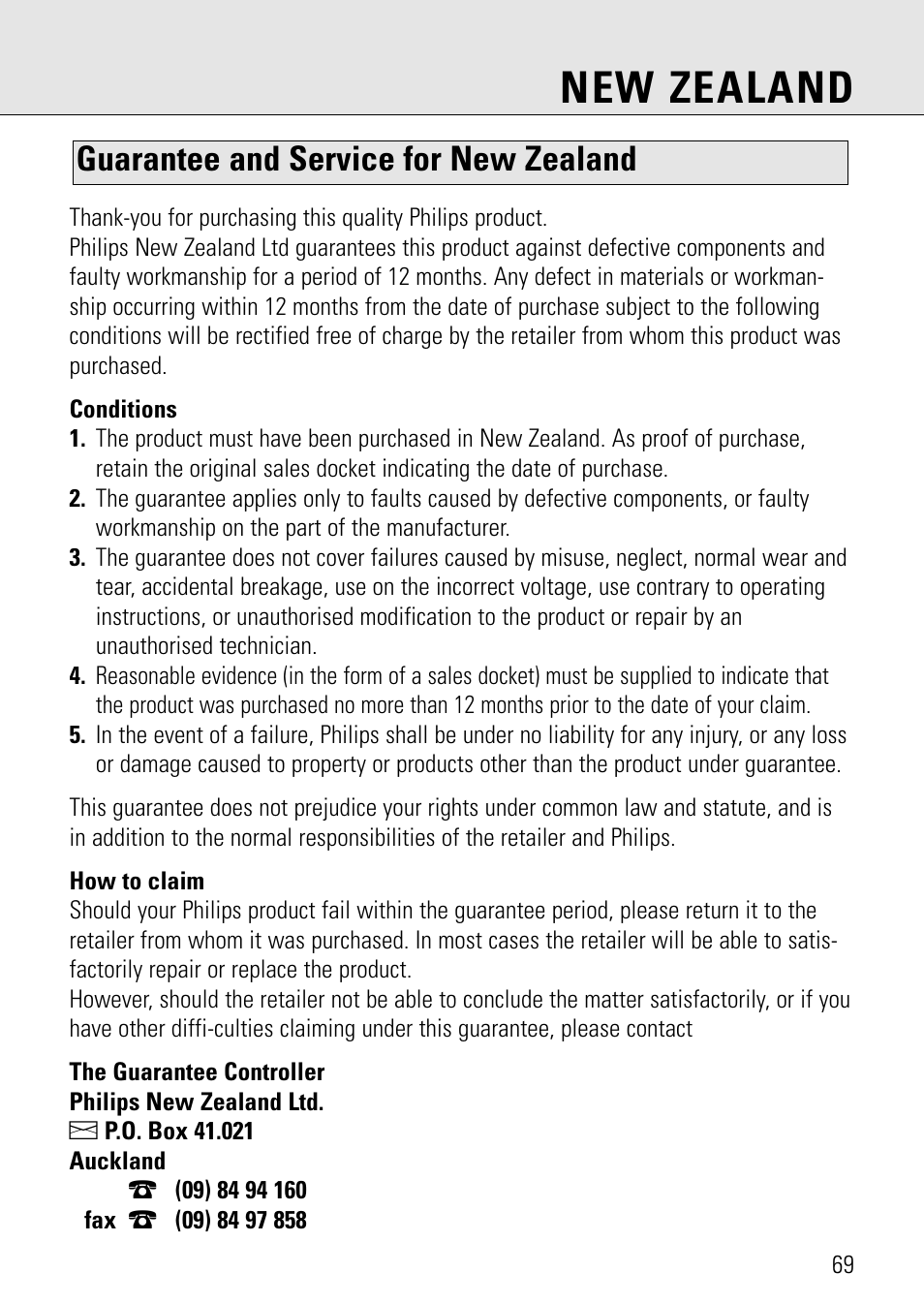 New zealand, Guarantee and service for new zealand | Philips AZ 7582 User Manual | Page 57 / 160