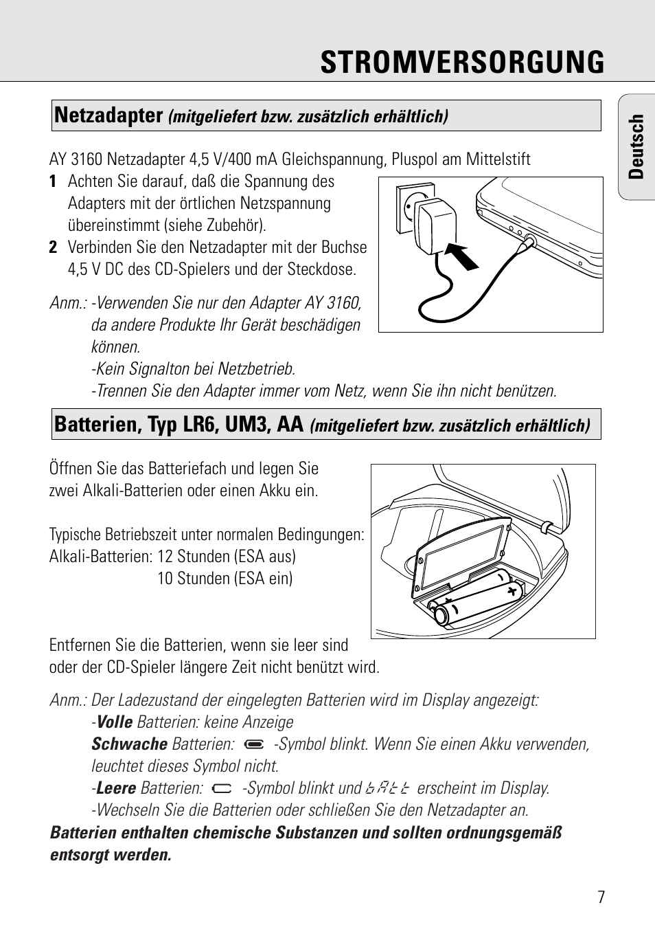 Stromversorgung, Batterien, typ lr6, um3, aa, Netzadapter | Philips AZ 7582 User Manual | Page 65 / 160