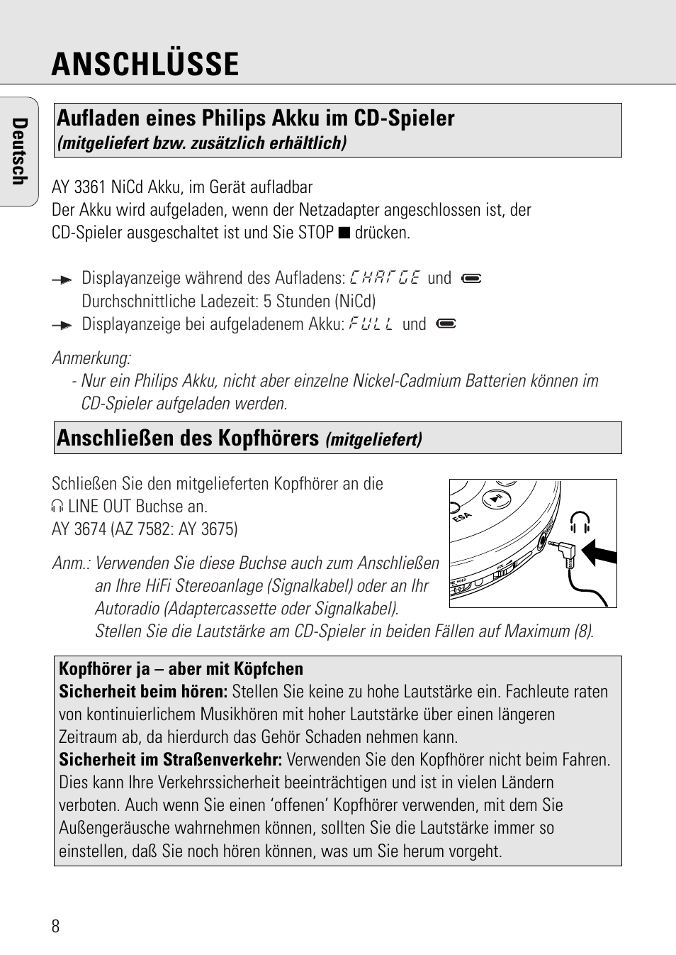 Anschlüsse, Anschließen des kopfhörers, Aufladen eines philips akku im cd-spieler | Philips AZ 7582 User Manual | Page 66 / 160