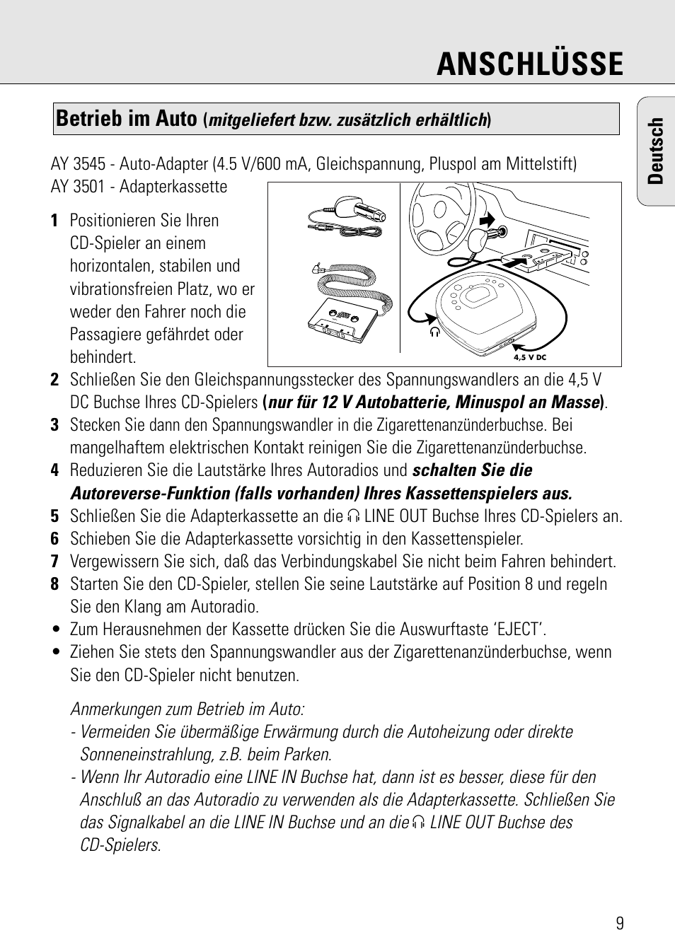 Anschlüsse, Betrieb im auto, Deutsch | Philips AZ 7582 User Manual | Page 67 / 160