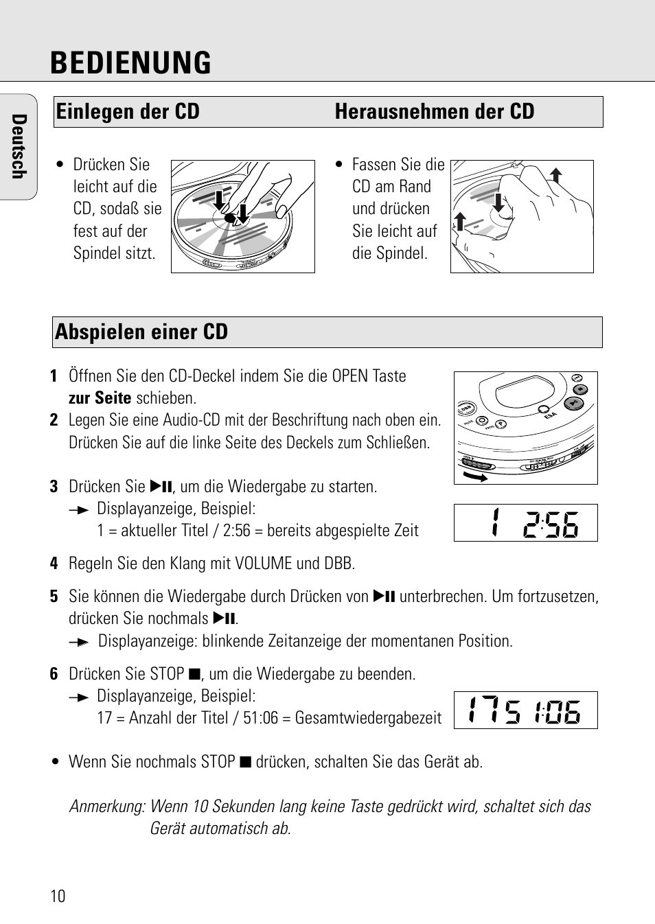 Bedienung, Abspielen einer cd, Einlegen der cd herausnehmen der cd | Deutsch | Philips AZ 7582 User Manual | Page 68 / 160