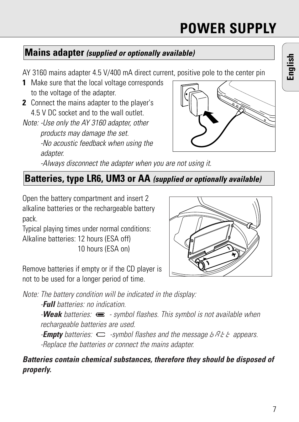 Power supply, Batteries, type lr6, um3 or aa, Mains adapter | Philips AZ 7582 User Manual | Page 7 / 160